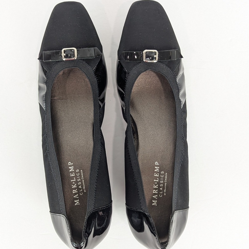 Mark Lemp By Walking Cradles Black Wedge Heels Size 8.5N Ballet Style Buckle Bow